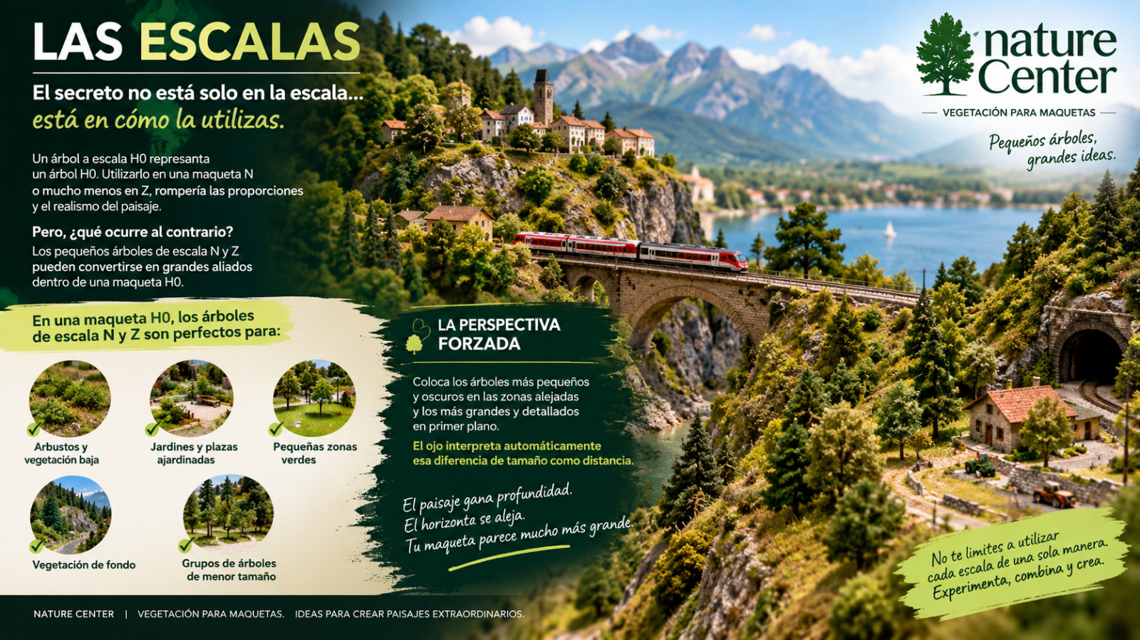 Las escalas — usar arbolitos de escala N y Z en maquetas H0 para crear perspectiva forzada y profundidad